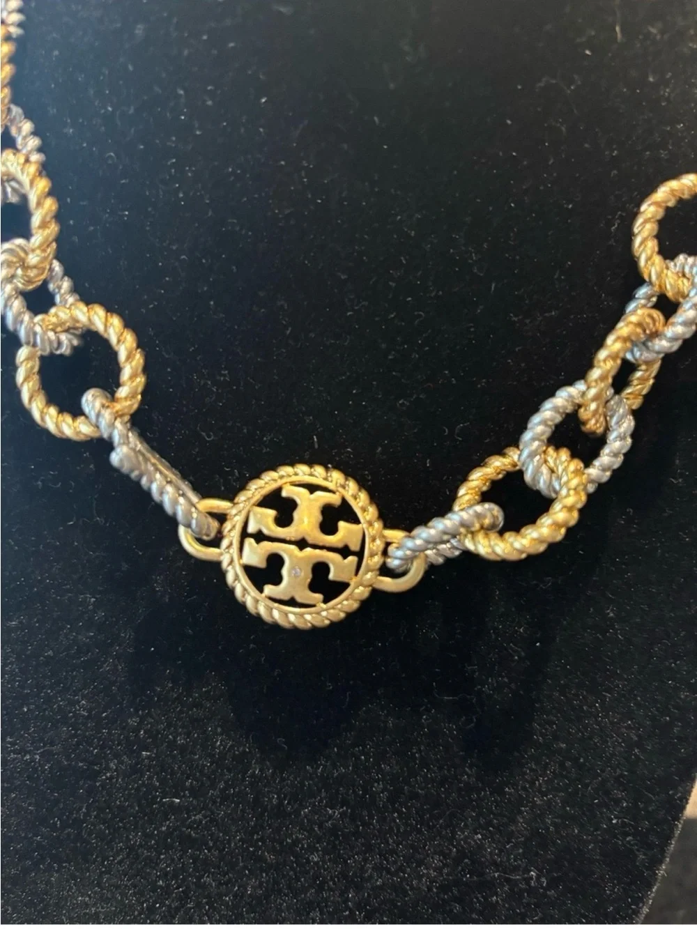 Tory Burch Two-Tone Rope Link Necklace with Logo Medallion